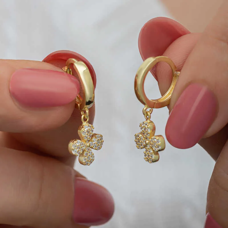 Gümüş Gold Sallantılı Yonca Kadın Küpe görsel 1