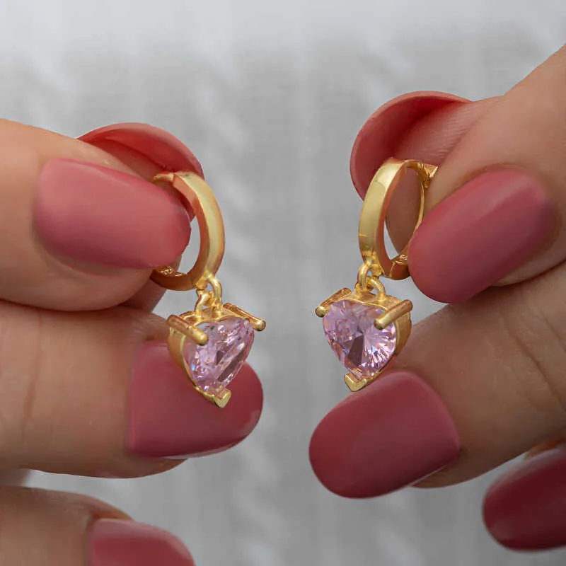 Gümüş Gold Pembe Taşlı Kalpli Kadın Küpe görsel 1