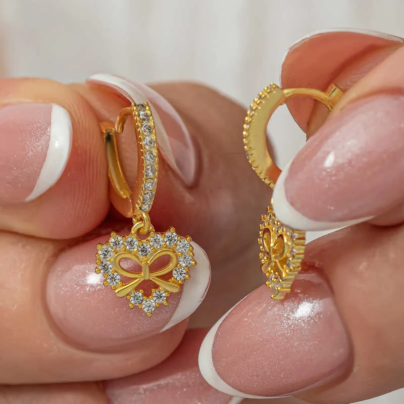 Gümüş Gold Kalp Kurdele Sallantılı Kadın Küpe görsel 1