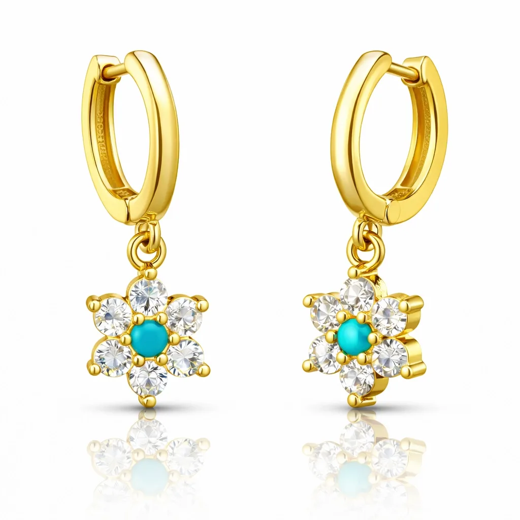 Gümüş Mavi Taşlı Gold Çiçek Kadın Küpe görsel 1