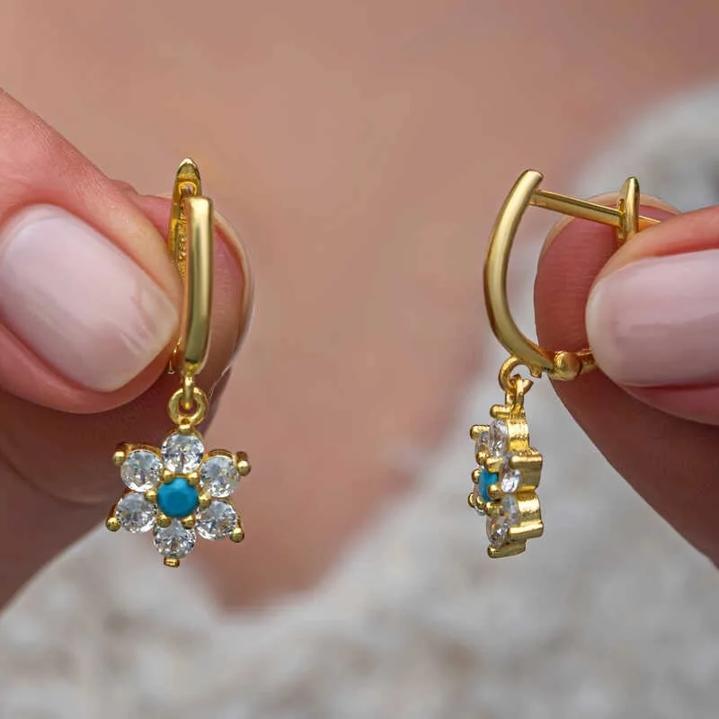 Gümüş Mavi Taşlı Gold Çiçek Kadın Küpe görsel 2