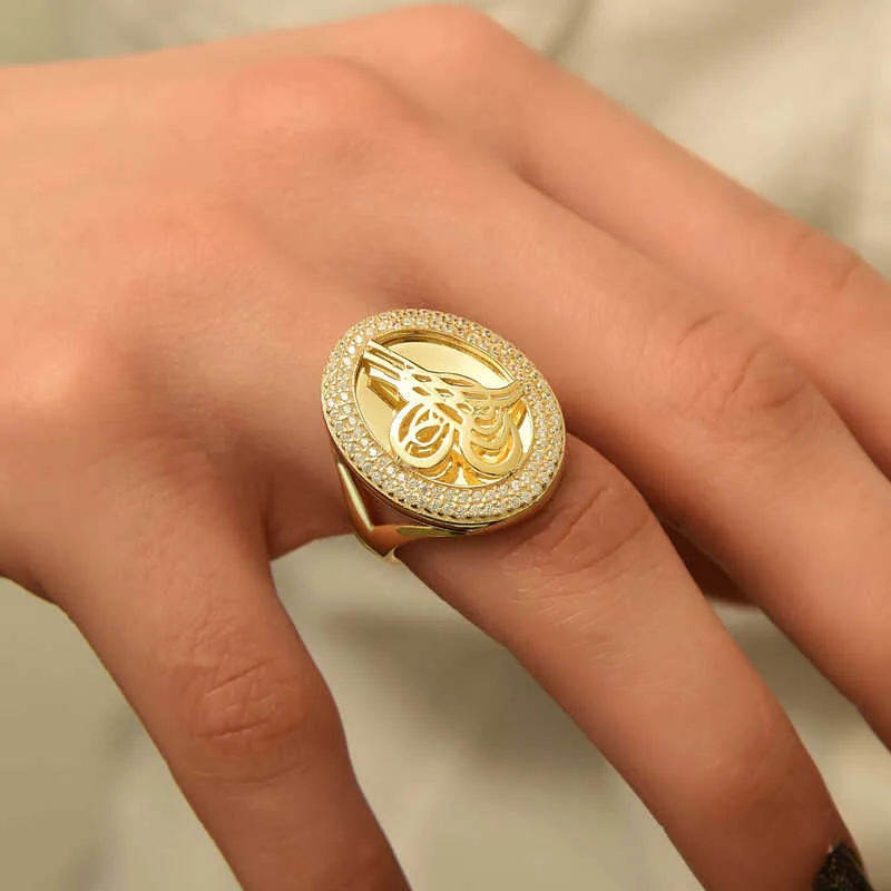 Gümüş Gold Tuğralı Bayan Yüzük görsel 2