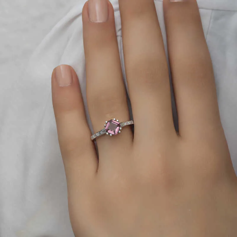 Gümüş Pembe Baget Tek Taş Kadın Yüzük görsel 5