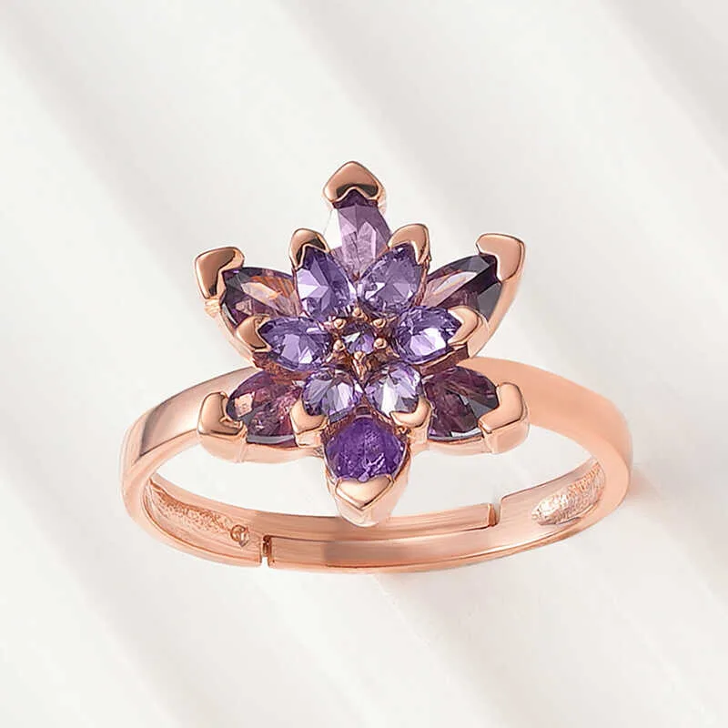 Gümüş Rose Mor Lotus Çiçeği Yüzük görsel 1