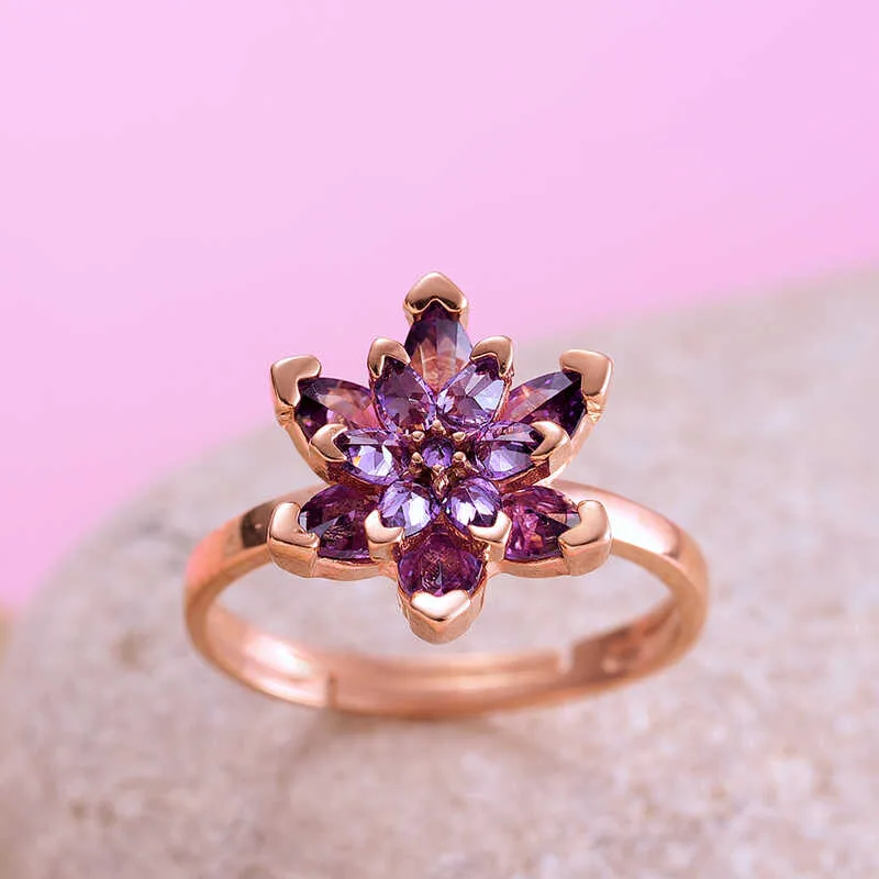 Gümüş Rose Mor Lotus Çiçeği Yüzük görsel 2