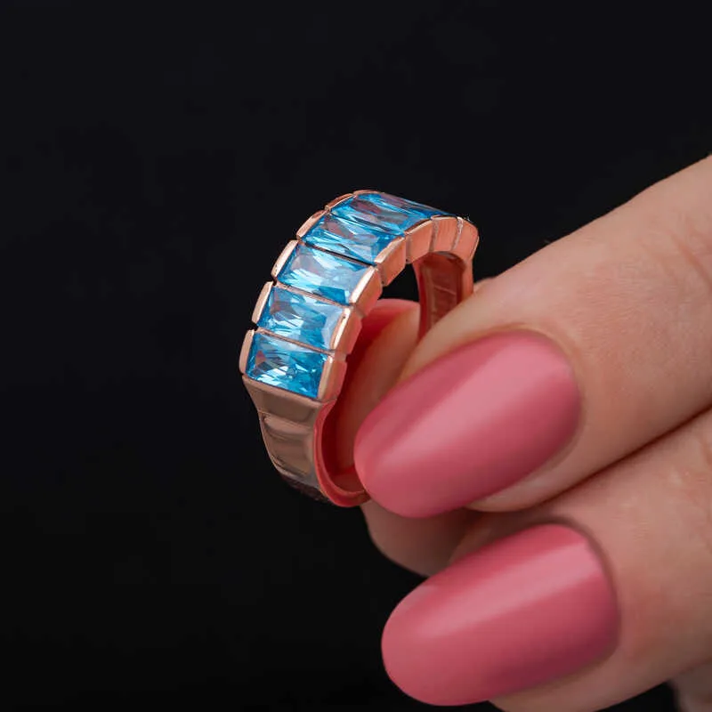 Gümüş Rose Baget  Aquamarine Taşlı Kadın Yüzük görsel 1