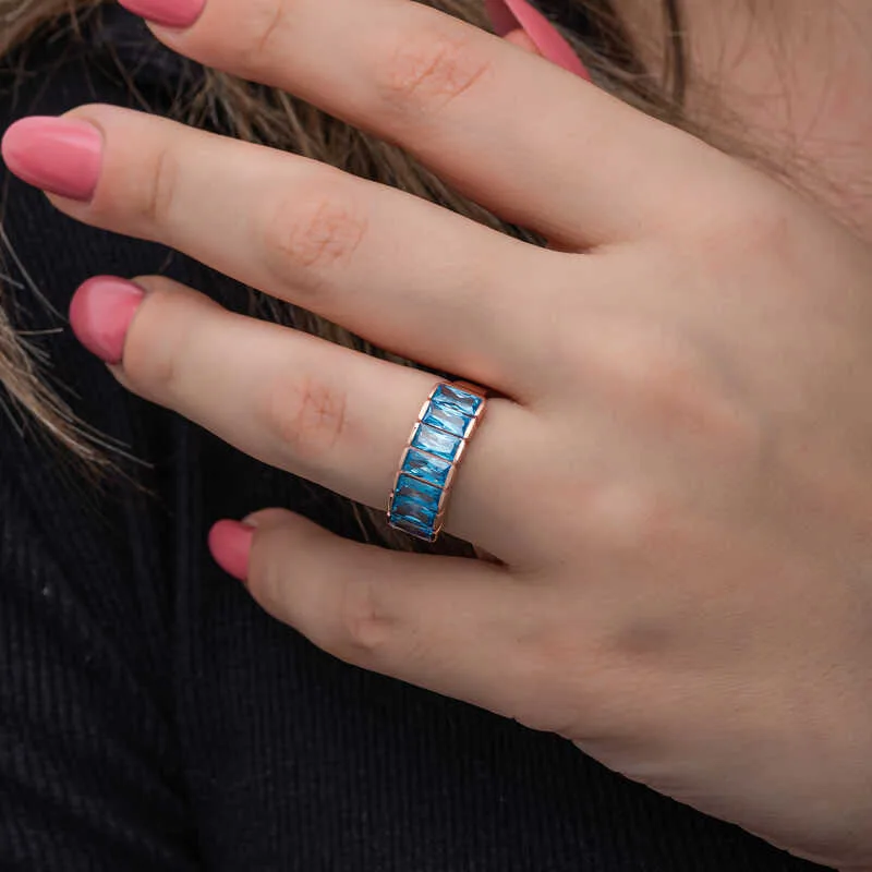 Gümüş Rose Baget  Aquamarine Taşlı Kadın Yüzük görsel 2