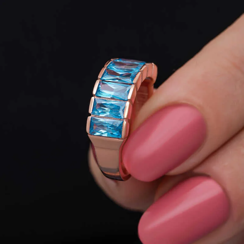 Gümüş Rose Baget  Aquamarine Taşlı Kadın Yüzük görsel 3
