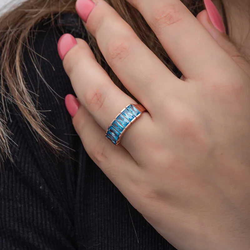 Gümüş Rose Baget  Aquamarine Taşlı Kadın Yüzük görsel 4