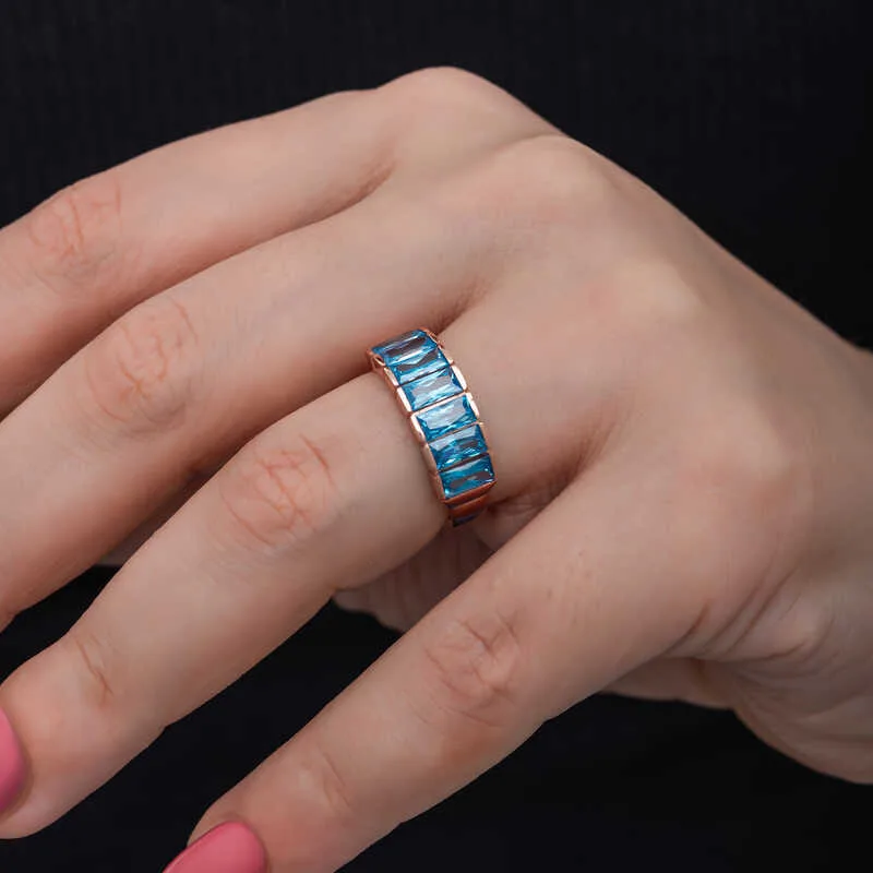 Gümüş Rose Baget  Aquamarine Taşlı Kadın Yüzük görsel 5