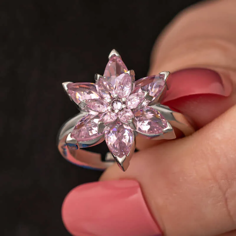 Gümüş Pembe Lotus Çiçeği Kadın Yüzük görsel 1