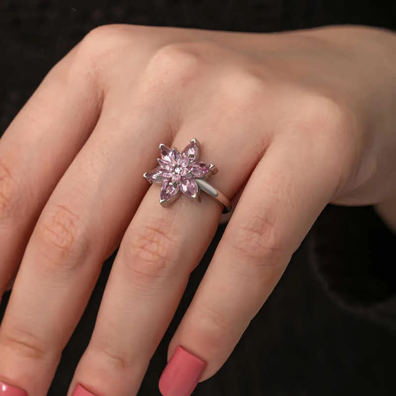 Gümüş Pembe Lotus Çiçeği Kadın Yüzük görsel 3