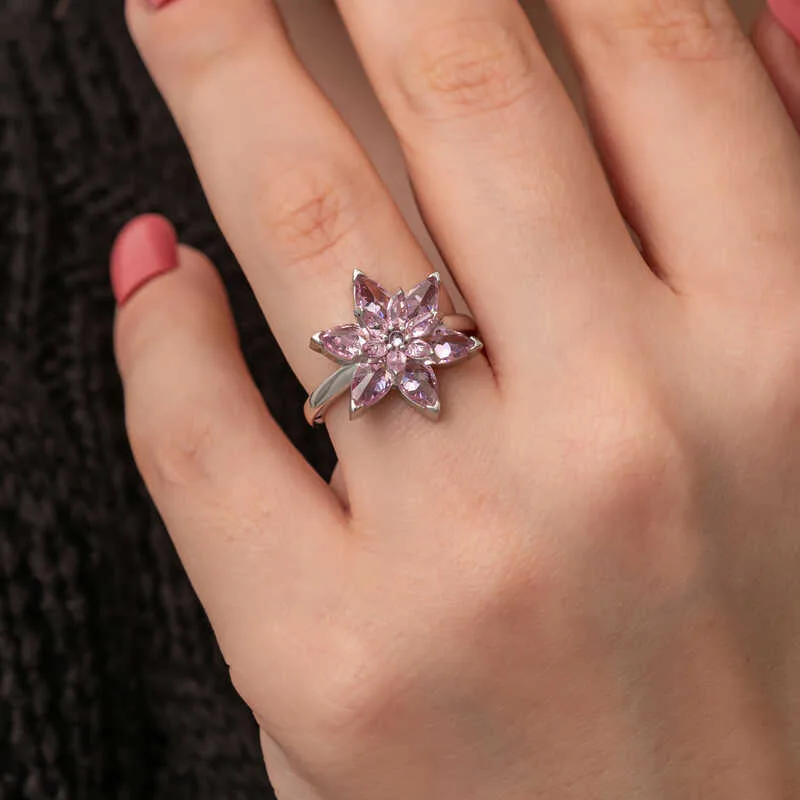 Gümüş Pembe Lotus Çiçeği Kadın Yüzük görsel 5