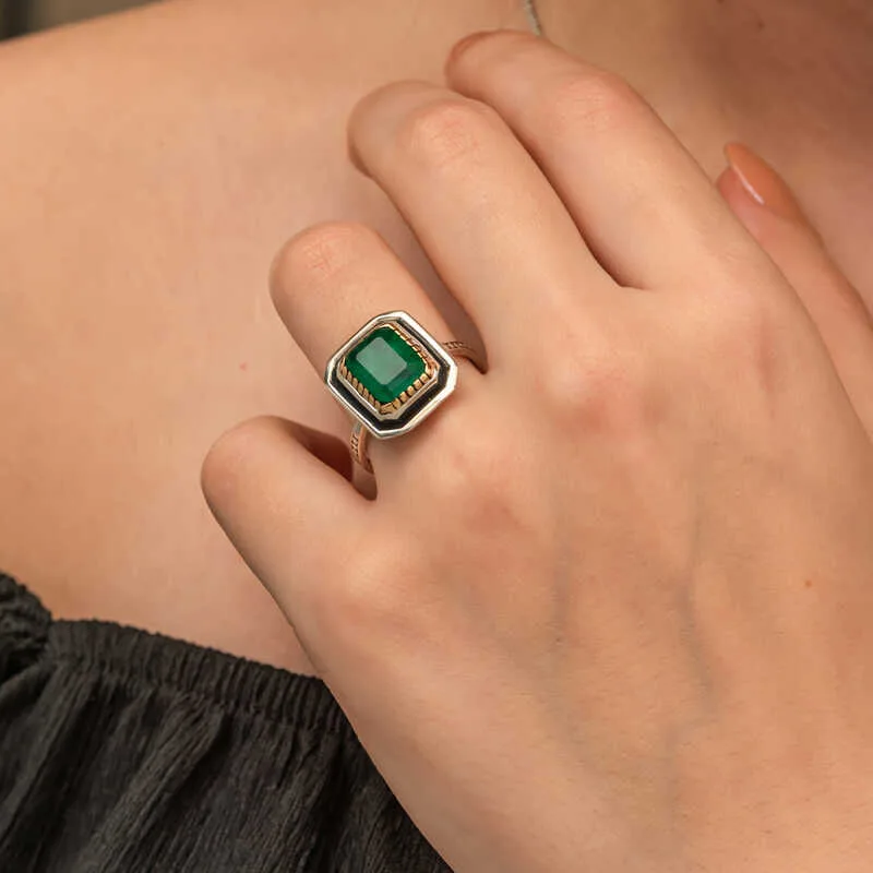 Gümüş Yeşil Taşlı Otantik Kadın Yüzük görsel 5