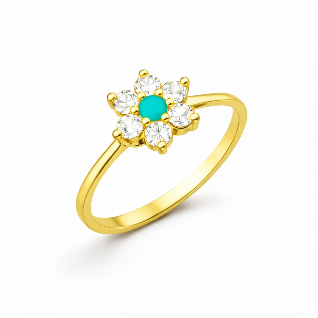 Gümüş Mavi Taşlı Gold Çiçek Kadın Yüzük görsel 1