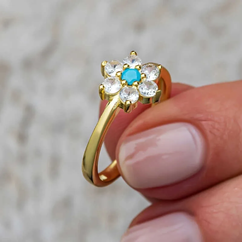 Gümüş Mavi Taşlı Gold Çiçek Kadın Yüzük görsel 2