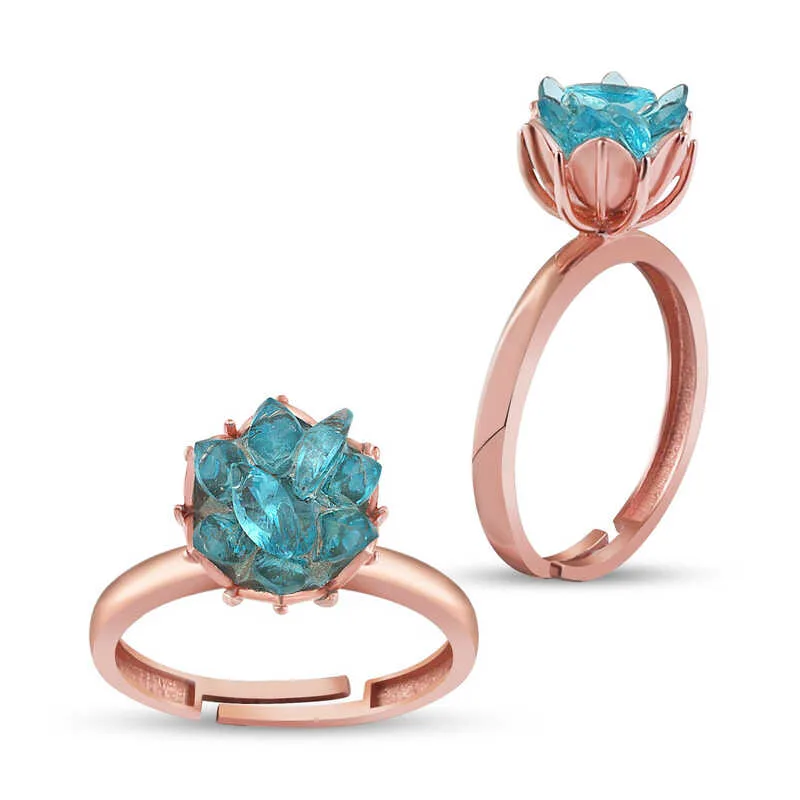 Gümüş Rose Mavi Lotus Çiçeği Yüzük görsel 1