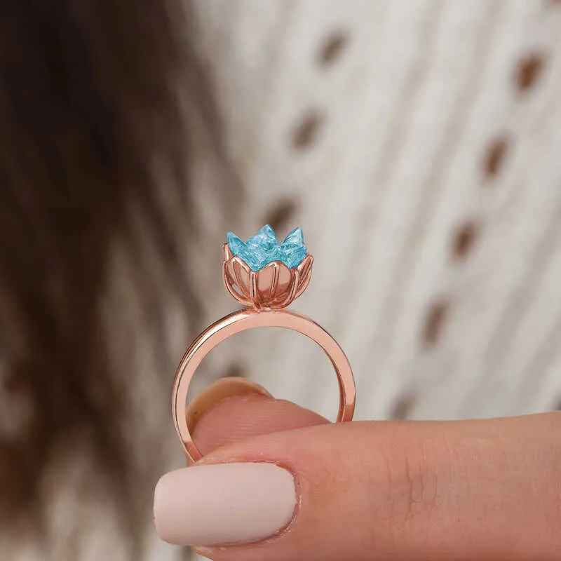 Gümüş Rose Mavi Lotus Çiçeği Yüzük görsel 5