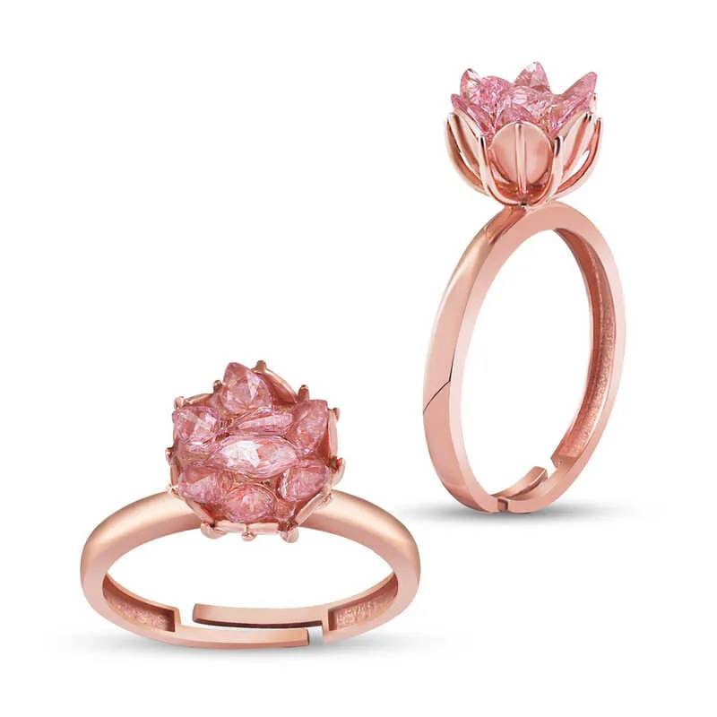 Gümüş Rose Pembe Lotus Çiçeği Yüzük görsel 1