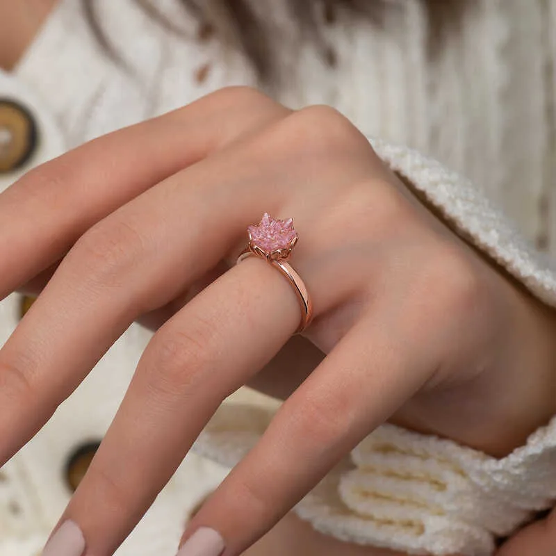 Gümüş Rose Pembe Lotus Çiçeği Yüzük görsel 2