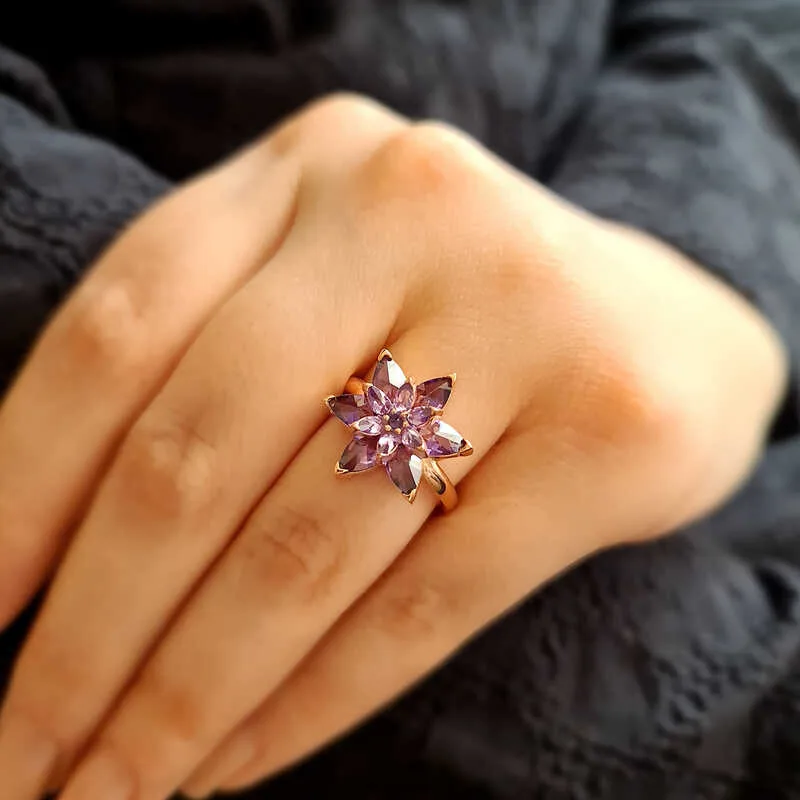 Gümüş Rose Mor Lotus Çiçeği Yüzük görsel 2