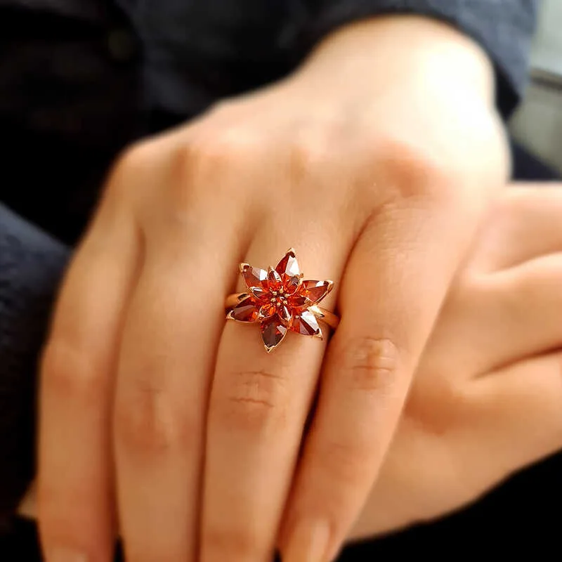Gümüş Rose Kırmızı Lotus Çiçeği Yüzük görsel 2