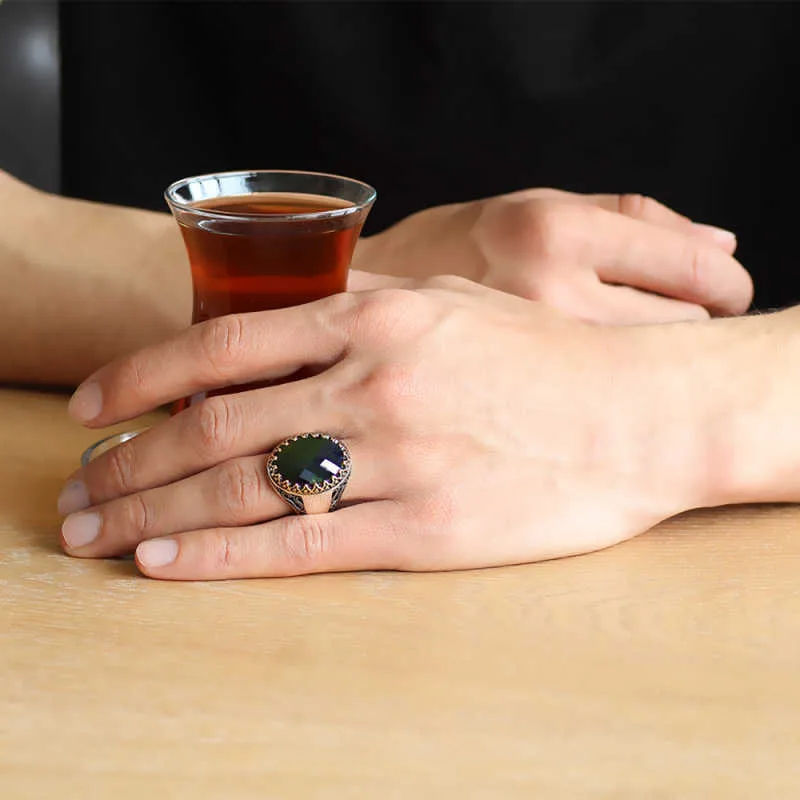 Gümüş Yeşil Zirkon Taşlı Erkek Yüzük görsel 2