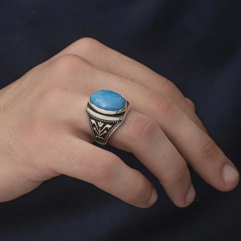 Gümüş Zirkon Turkuaz Taşlı Oval Erkek Yüzük görsel 1