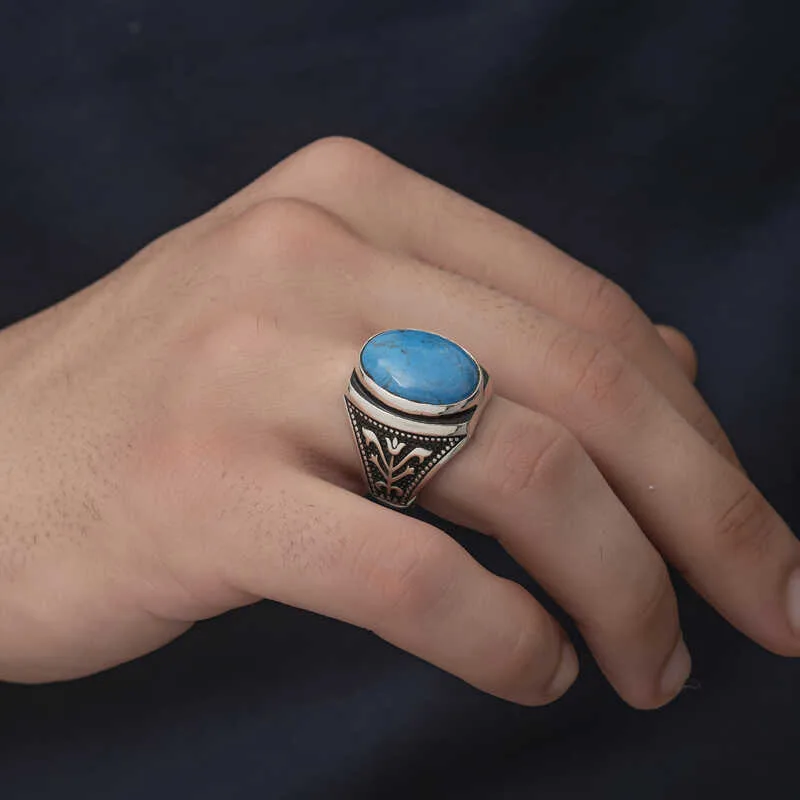 Gümüş Zirkon Turkuaz Taşlı Oval Erkek Yüzük görsel 2
