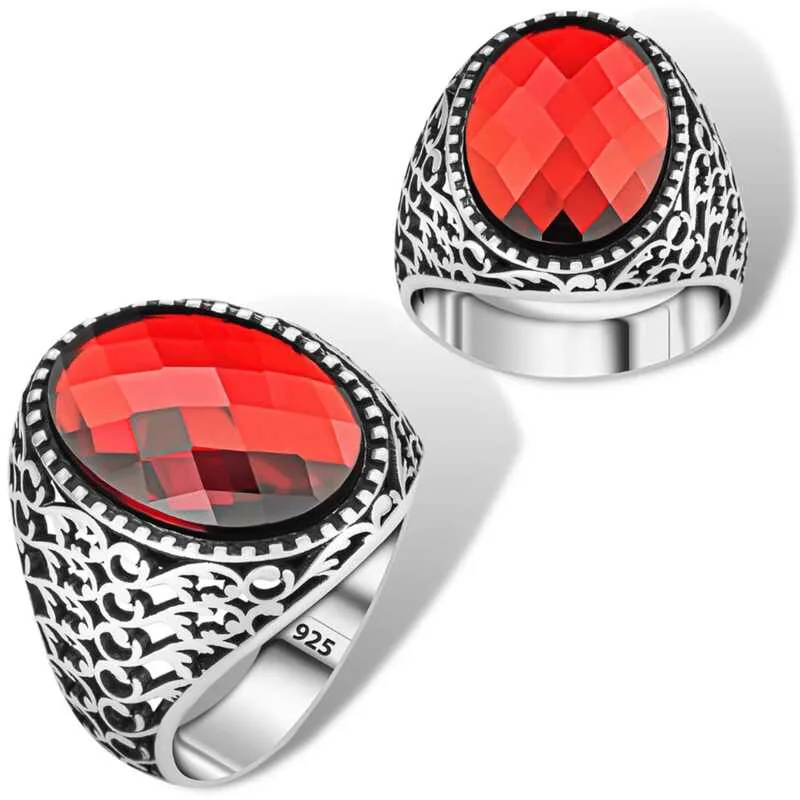 Gümüş Kırmızı Zirkon Taşlı Oval Erkek Yüzük görsel 1