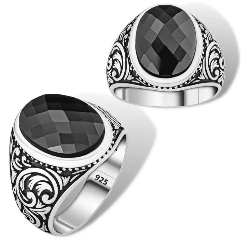 Gümüş Siyah Zirkon Taşlı Oval Erkek Yüzük görsel 1