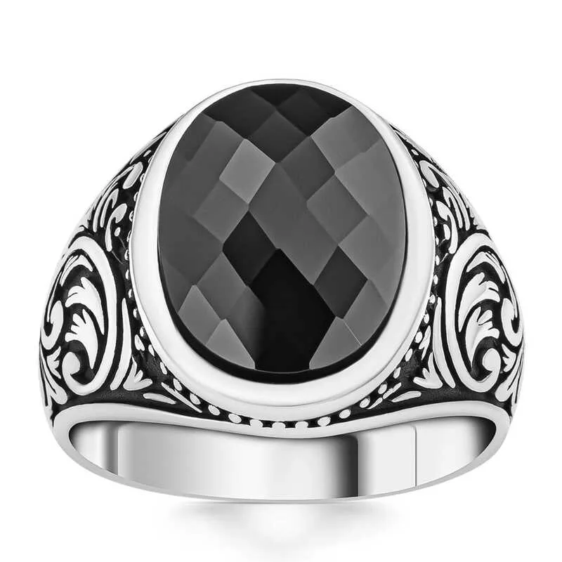 Gümüş Siyah Zirkon Taşlı Oval Erkek Yüzük görsel 2