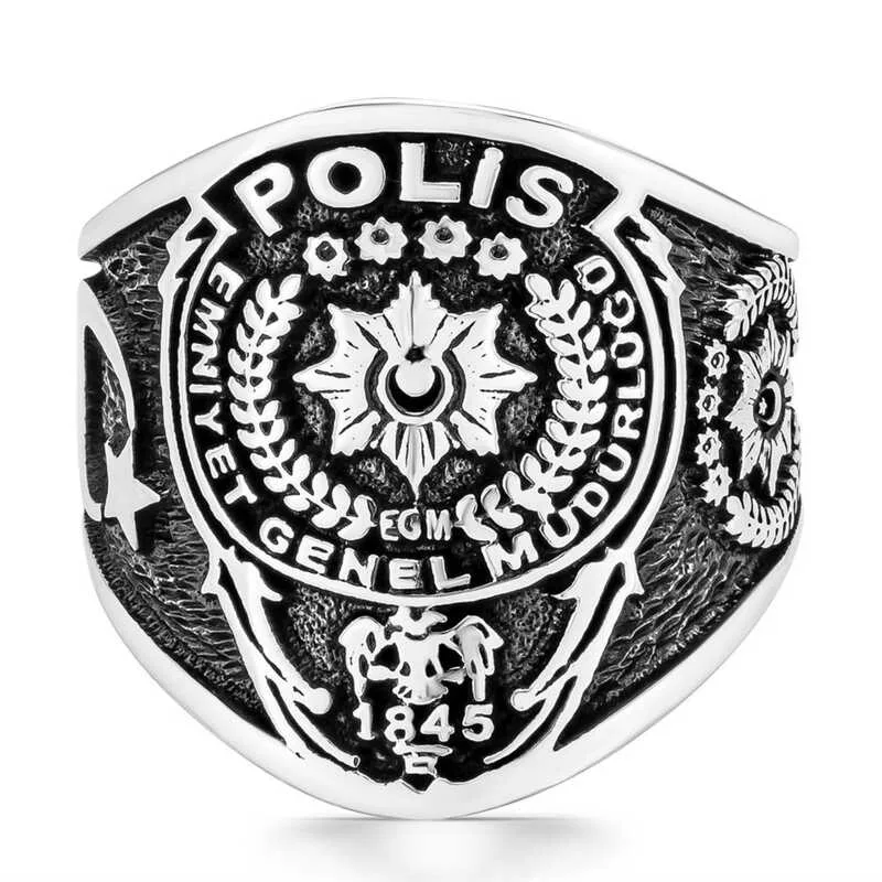 Gümüş Polis Armalı Türk Desenli Erkek Yüzük görsel 4