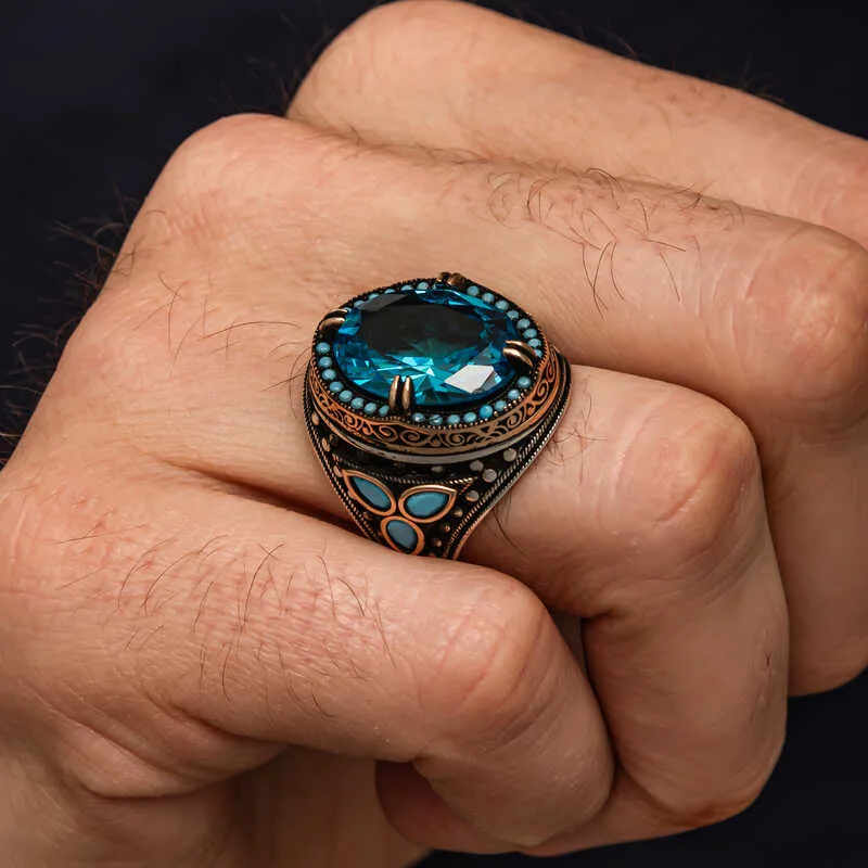 Gümüş Aquamarine Taşlı Erkek Yüzük görsel 2