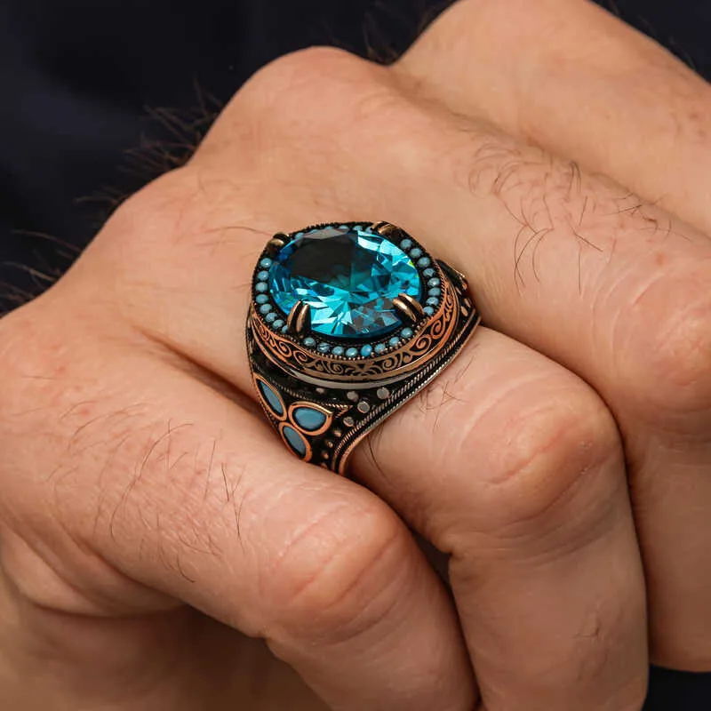 Gümüş Aquamarine Taşlı Erkek Yüzük görsel 4