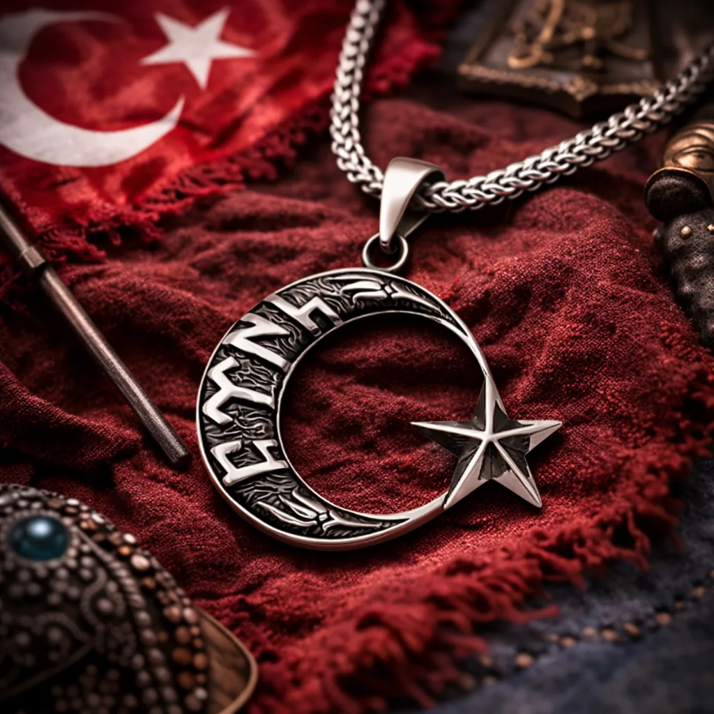 Gümüş Göktürkçe Türk Yazılı Ay Yıldız Erkek Kolye görsel 2