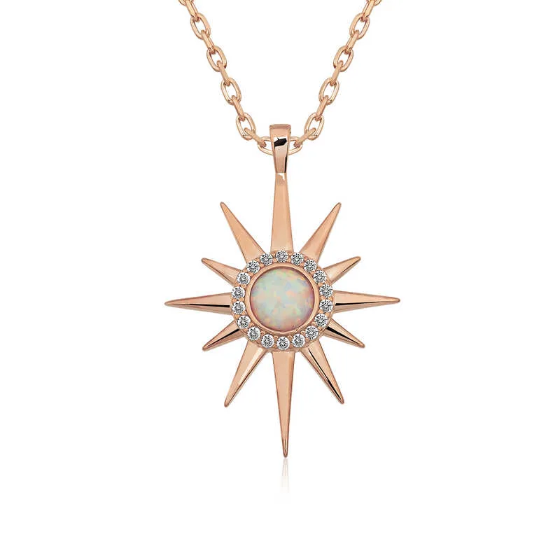 Gümüş Rose Beyaz Opal Taşlı Kutup Yıldızı Kolye