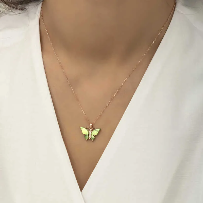 Gümüş Rose Yeşil Kaplangözü Taşlı Kelebek Kolye görsel 2