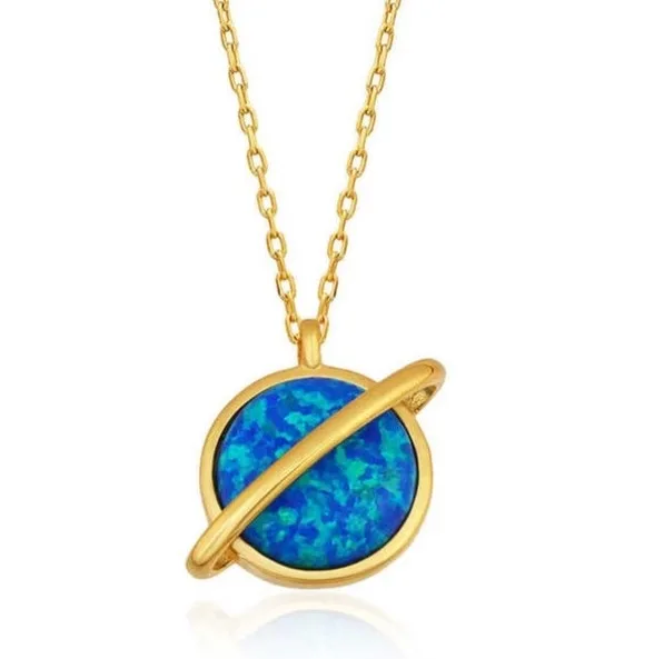 Gümüş Gold Opal Taşlı Gezegen Bayan Kolye