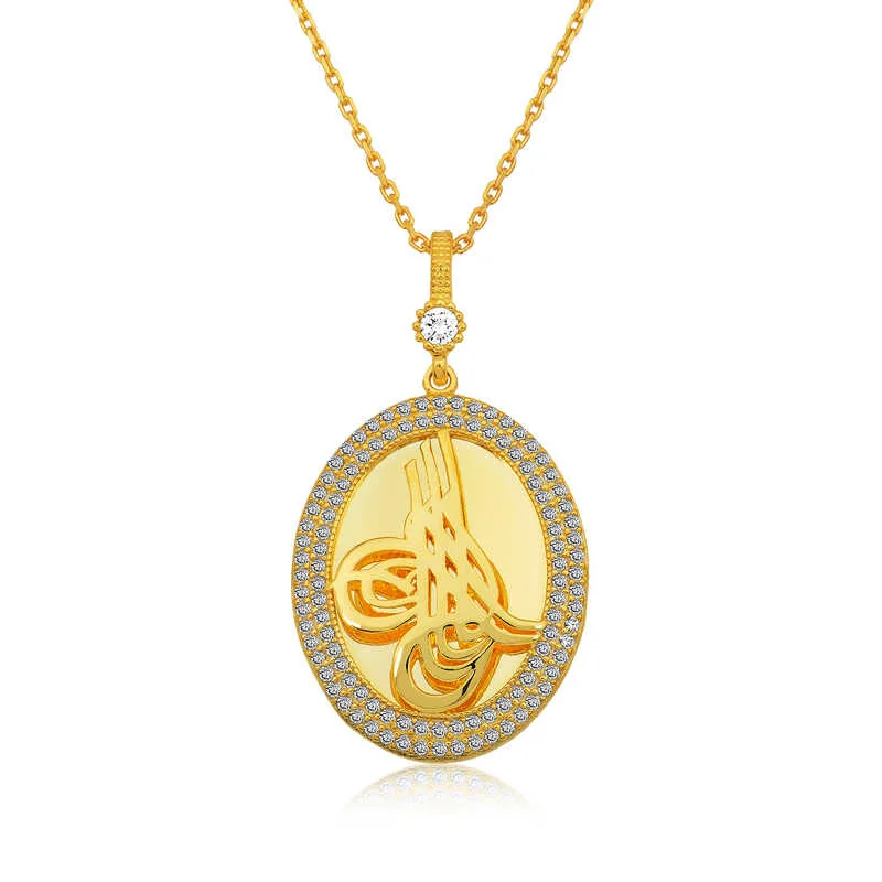 Gümüş Gold Tuğralı Oval Bayan Kolye görsel 1