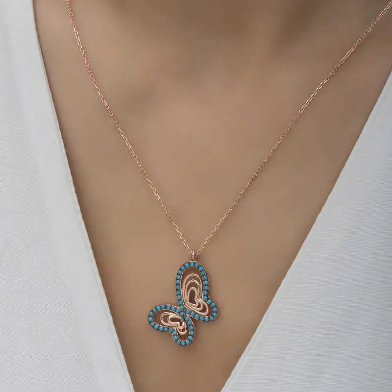Gümüş Rose Turkuaz Taşlı Kelebek Kadın Kolye görsel 3