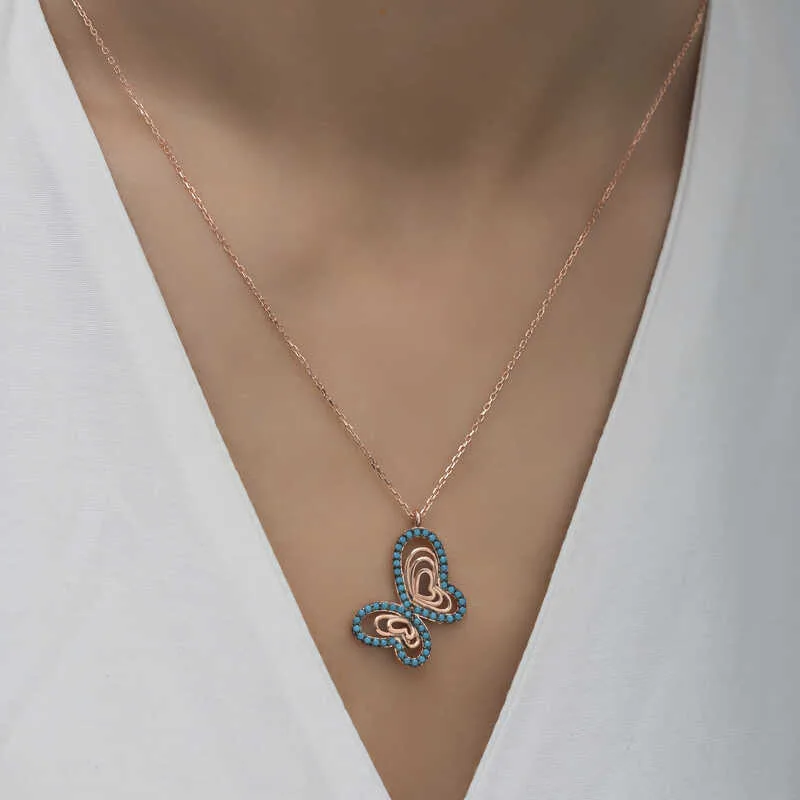 Gümüş Rose Turkuaz Taşlı Kelebek Kadın Kolye görsel 5