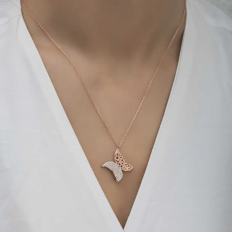 Gümüş Rose Kelebek Kadın Kolye görsel 3