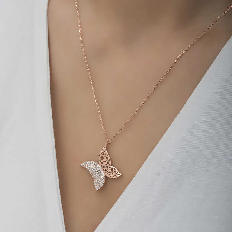 Gümüş Rose Kelebek Kadın Kolye görsel 4