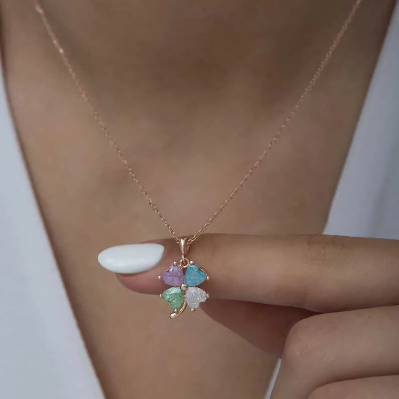 Gümüş Rose Renkli Taşlı Kalp Yonca Kadın Kolye görsel 3