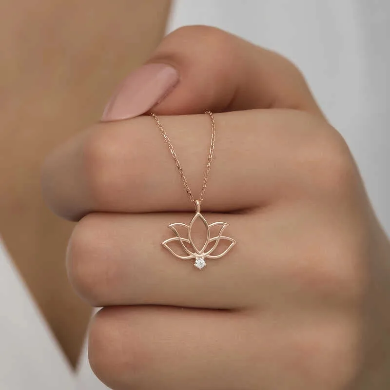 Gümüş Rose Lotus Çiçeği Kadın Kolye görsel 2