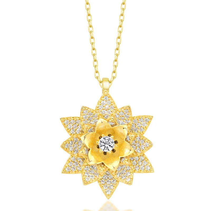 Gümüş Gold Beyaz Taşlı Lotus Çiçeği Kadın Kolye görsel 1