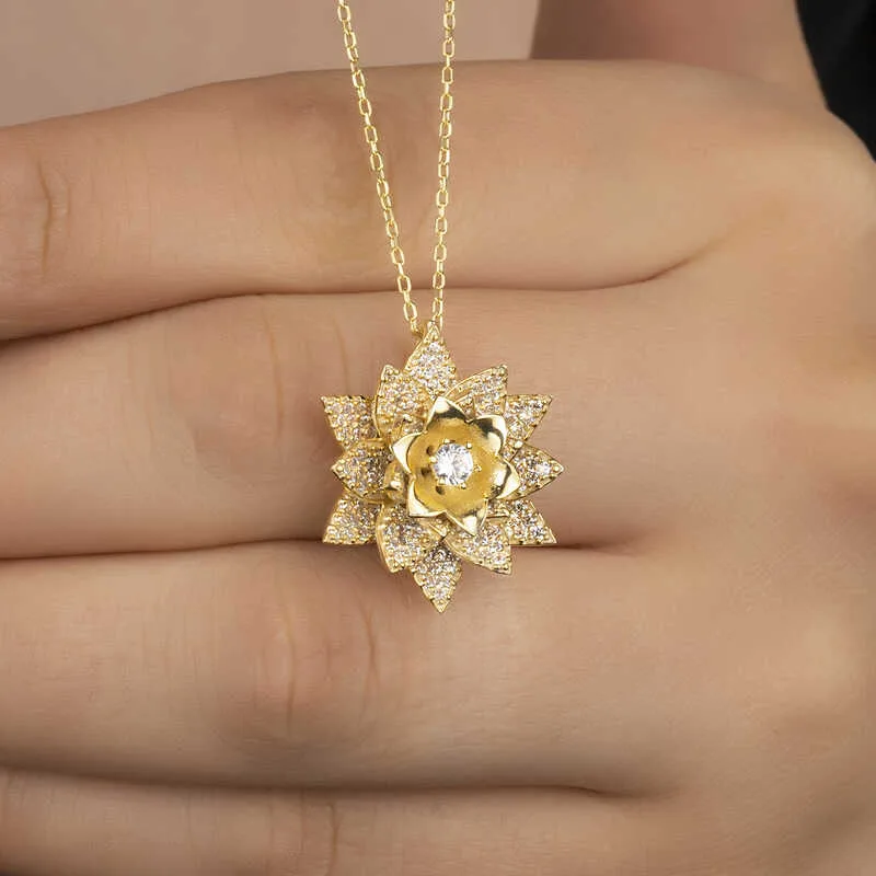 Gümüş Gold Beyaz Taşlı Lotus Çiçeği Kadın Kolye görsel 2