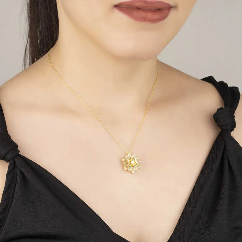 Gümüş Gold Beyaz Taşlı Lotus Çiçeği Kadın Kolye görsel 3