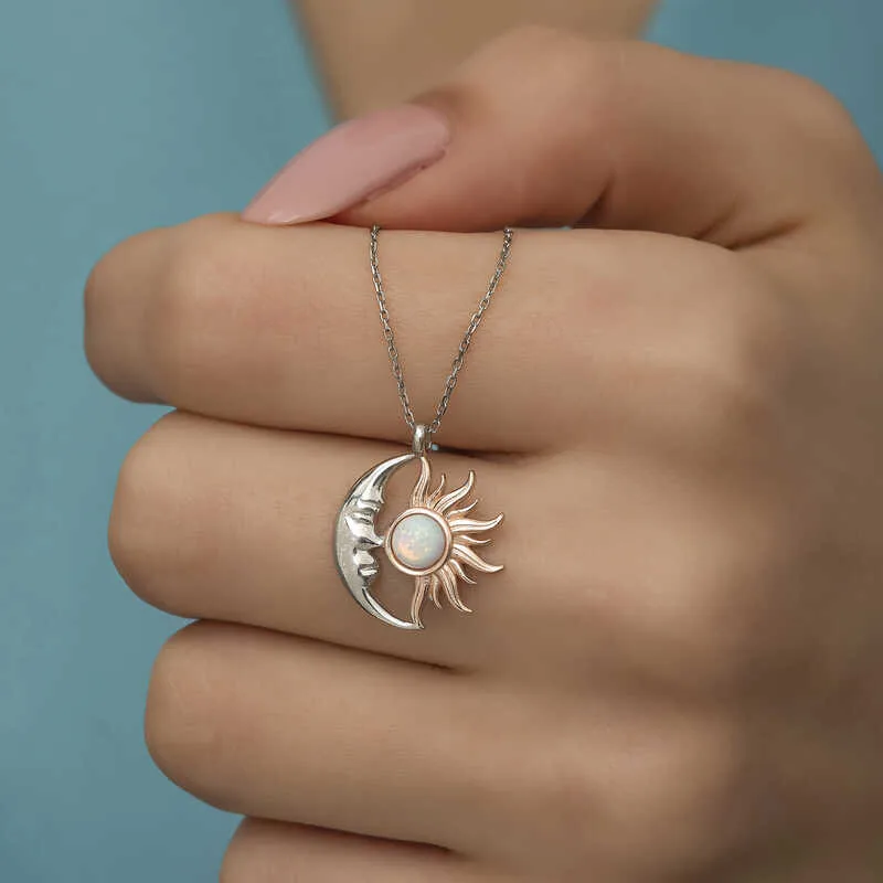 Gümüş Opal Beyaz Taşlı Ay Güneş Kadın Kolye görsel 1